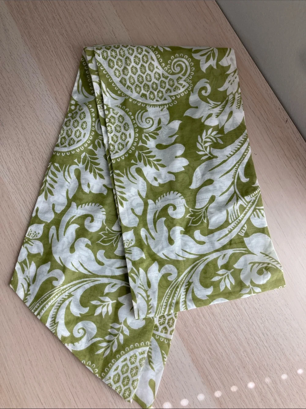 Olive Green and White Printed Scarf, Neck Scarf, Belt, Handbag or Hair Accessory